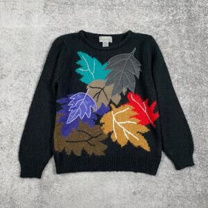 Vintage Lauren Golf Sweater Womens SP Black Leaf Fall Print Pullover y2k 90s